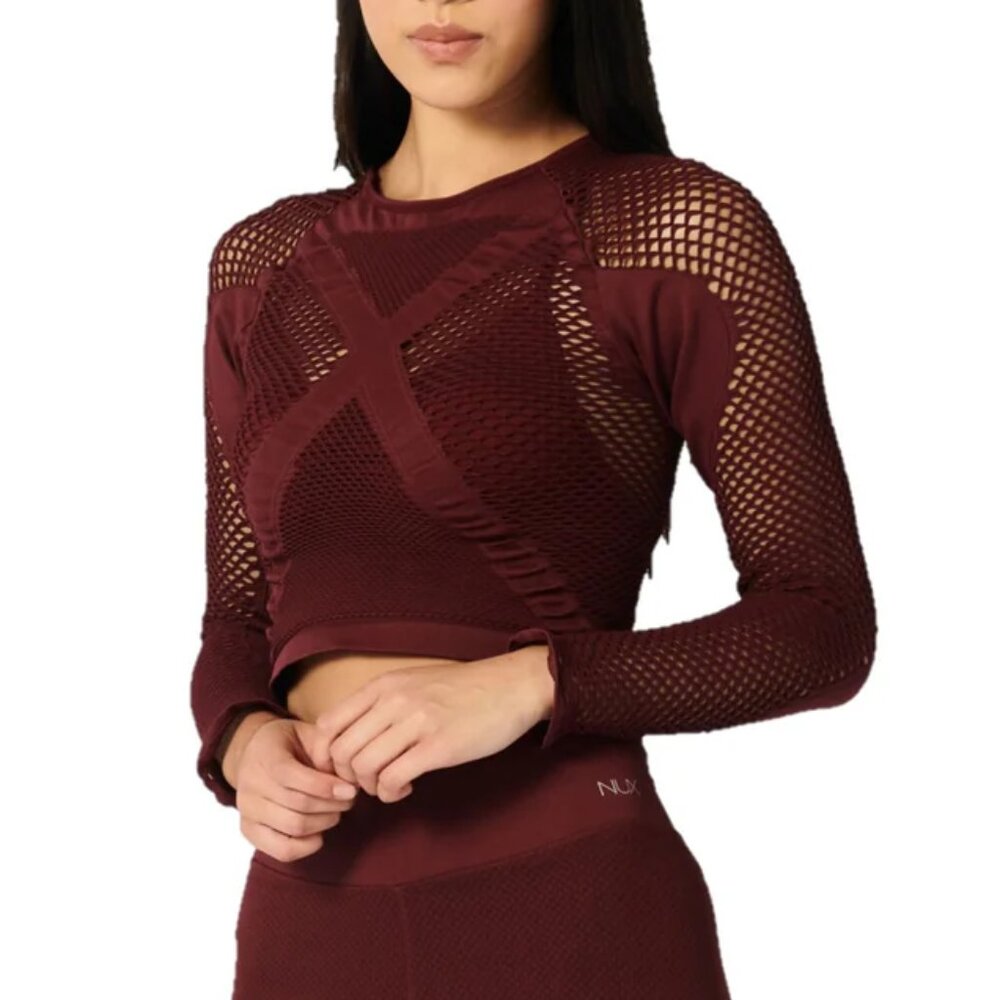 NUX Women's Long Sleeve Mesh Cropped Top in Burgundy